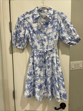 a new day Blue & White Tropical Shirt Dress